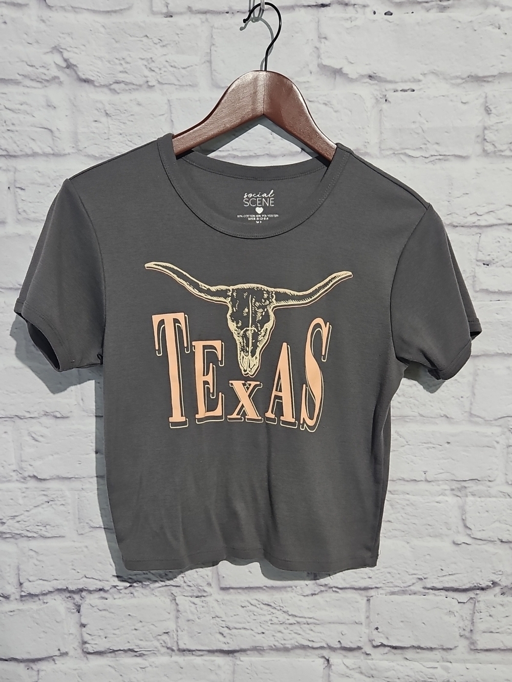 Social Scene Charcoal Texas Crop Tee with Peach Graphic